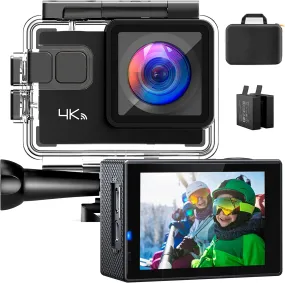 Action Cam 4K/30fps 20MP Giroscopio Anti-vibrazione 40M Subacquea Wi-Fi Fotocamera Videocamera Grandangolare 170° con Batteria 2