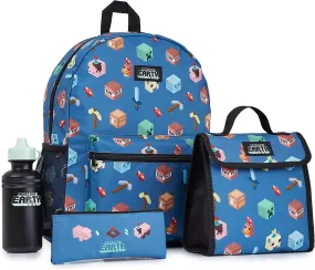 Minecraft - Set di 6 zaini con borsa per il pranzo, astuccio, portachiavi, moschettone, bottiglia disinfettante per le mani, reg